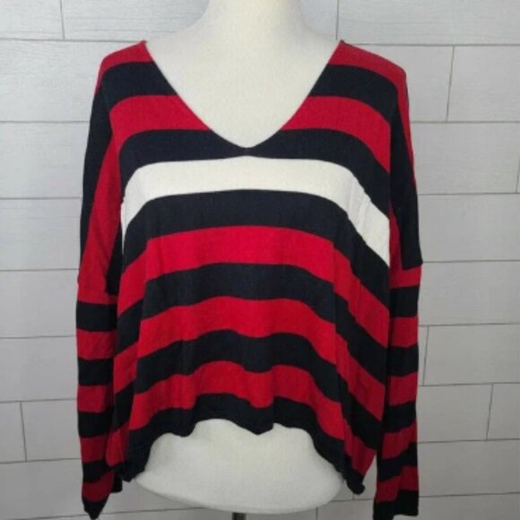 Planet Lauren G Sweater V-Neck Black Red Stripe One Size Knit Top Lagenlook - Picture 2 of 4